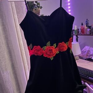 Black Slip Dress with Red Rose Embroidery